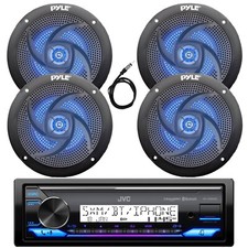 Marine Bluetooth Receiver, 4x 5.25" 180W Blue Flash LED Black Speakers, Antenna