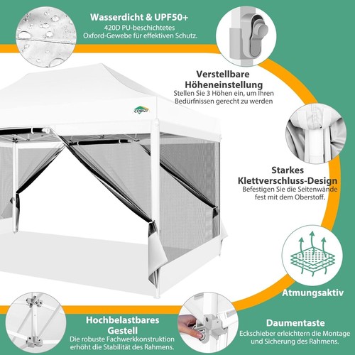 Faltpavillon 3x4,5 Wasserdicht Pop Up Partyzelt Faltbar mit 4 Netz-Seitenwänden - Bild 8 von 8