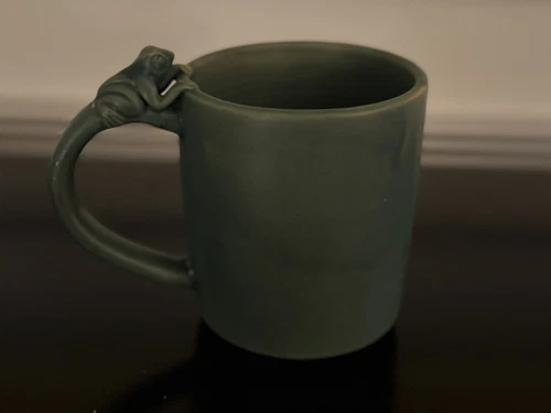 Beautifully Hand Made Pottery Mug w/ Frog On Top Of The Handle- Green/Blue Color
