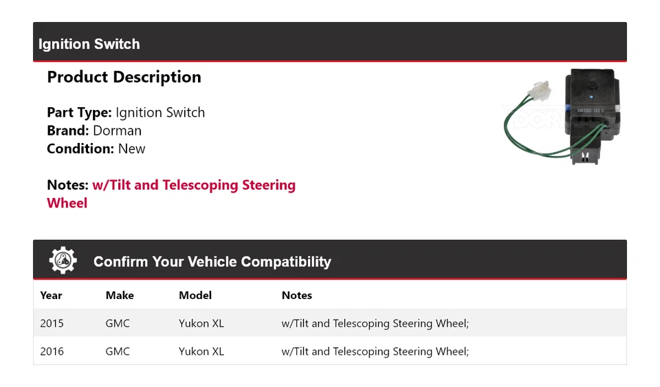 For 2015-2016 GMC Yukon XL Dorman Ignition Switch - Image 2 of 4