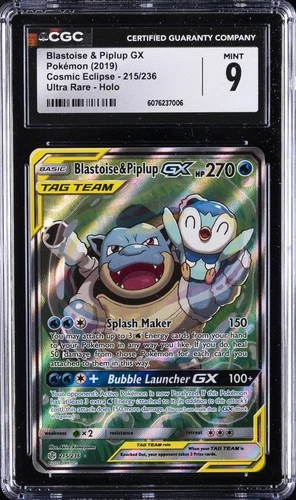 2019 POKEMON COSMIC ECLIPSE ULTRA RARE #215/236 BLASTOISE & PIPLUP GX CGC 9