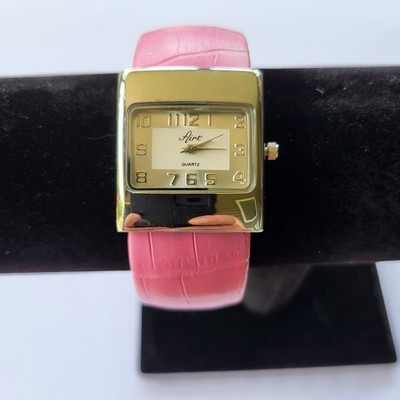 Airt Cuff Wristwatch Silver-Toned Rectangular Case Pink Textured Leather Strap 