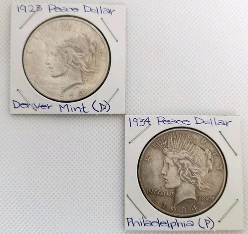 Peace Dollar $1 Silver Coins 1923 Denver & 1934 Philadelphia Mint 0.9 Fineness