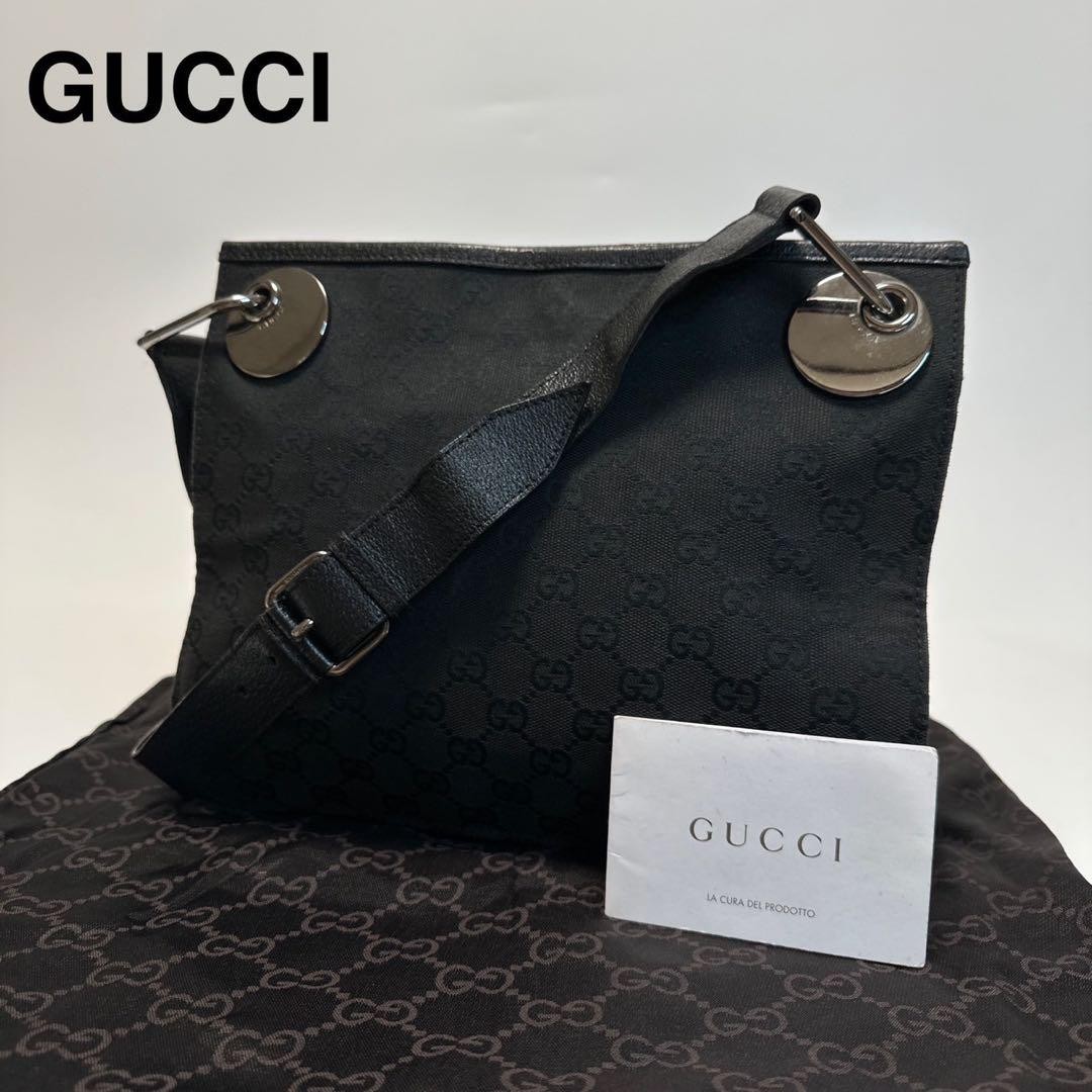 Vintage GUCCI GG Canvas Leather Black Shoulder Bag Pre-Owned
