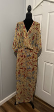 HAANI Paisley Bohemian Maxi Dress Yellow Red V-Neck 3/4 Sleeve XL Polyester