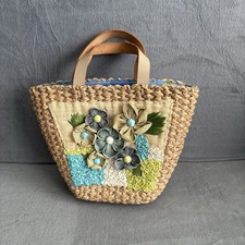 Vintage Straw Tote Handbag Embroidered Flowers Basket Purse