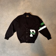 Dehen Knitting Co. Vintage Letterman Cardigan Black Acrylic Long Sleeve M