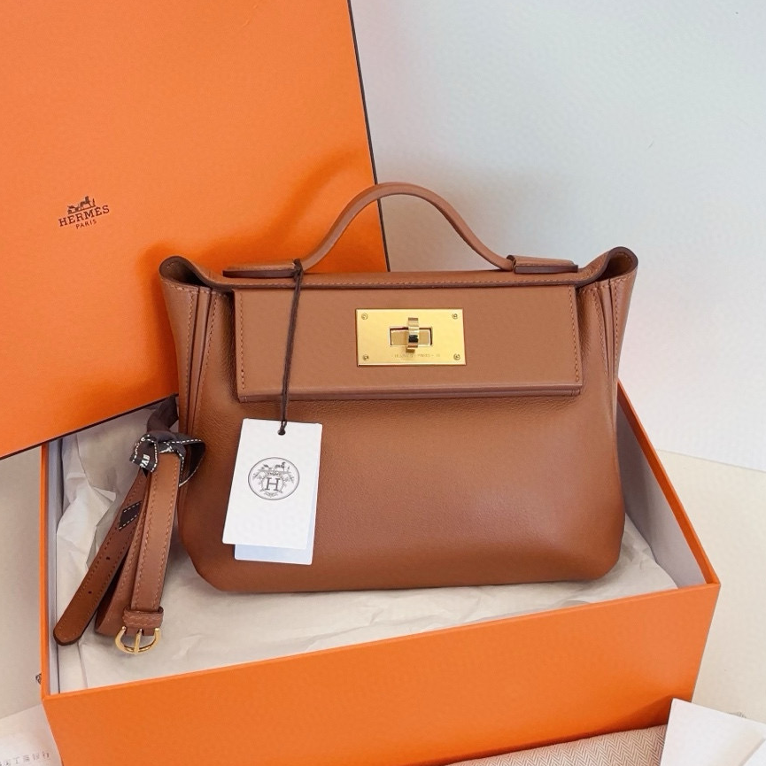 ■HERMES（エルメス）美品 /キャンパス×レザー/ハンドバッグ（ブラウン系） Hermes 2424 Mini Top Handle Shoulder Crossbody Brown Gold Women