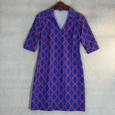Katherine Way Shirt Dress Womens XS Blue Red Nylon Blend V-Neck Made In USA