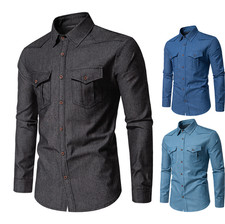 Men's New Double Pocket Denim Long Sleeve Shirt Casual Workwear Shirt