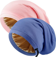 2 Pcs Adjustable Silk Hair Bonnet for Sleeping, Satin Lined Sleep Cap for Women