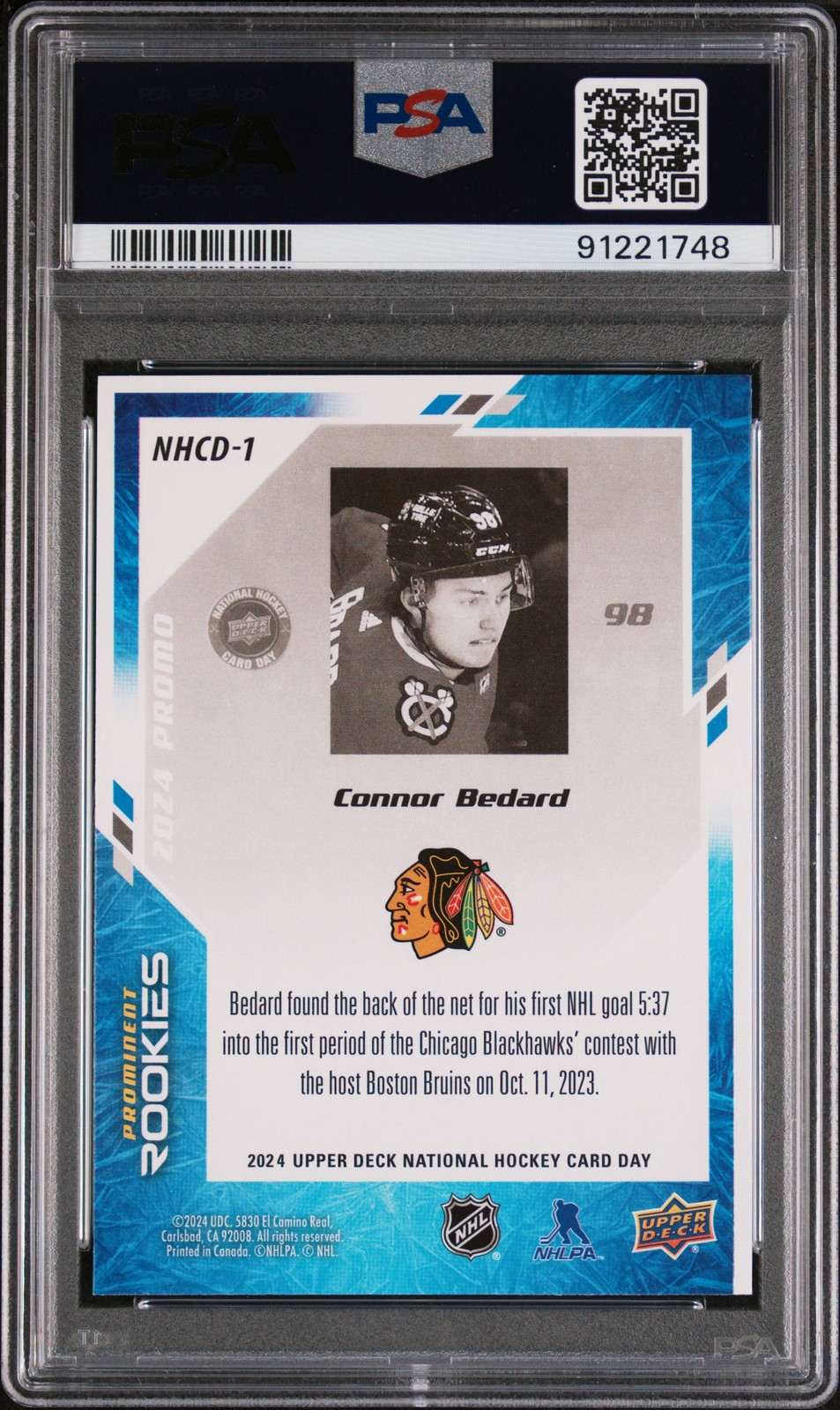 2024 Upper Deck National Hockey Card Day Rookie Connor Bedard PSA 9 view 2