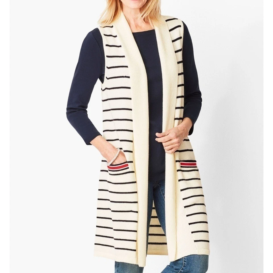 Talbots Long stripe cotton blend vest Sz XS ivory navy blue stripes Sz XS - Image 2 of 4