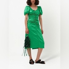 Ganni Crinkled Satin Gathered Midi-Dress in Green