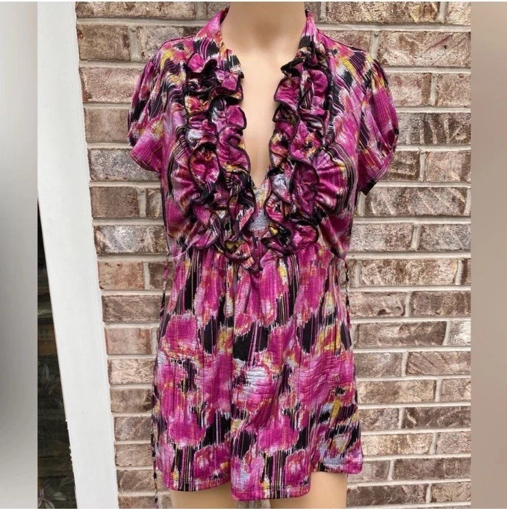 Blusa Mujer Heart Soul Y2K Volantes Cuello en V Geométrica Rosa Manga Corta Talla L Foto 2 de 4