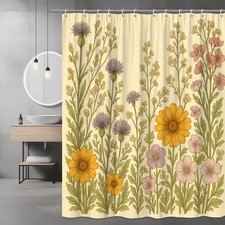 Floral Shower Curtain with Yellow and Purple Flowers on Cream Background