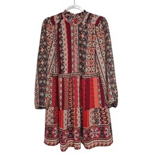 Womens Boho Patchwork Print Tiered Mini Dress Red Orange Long Sleeve Ruffle Neck