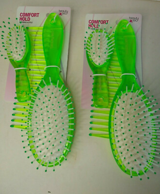Comfort Hold Hair Brush Set (2) Green W/Travel Brush Comb Detangle/Style Beauty