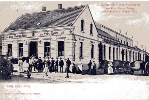 AK Gruß aus Asberg /Moers-Restauration zum Reichsadler- Viele Personen gel.1920