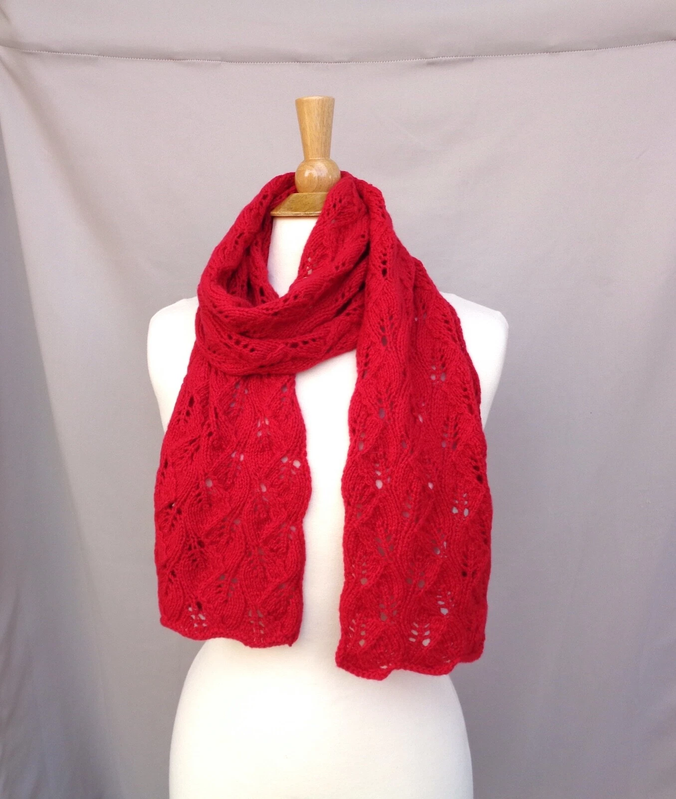 Red Cashmere Scarf Hand Knit Luxurious Natural Elegant Leaf Lace Designer Style