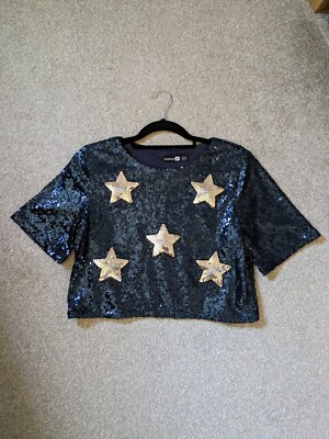 Boohoo Night Sparkly Blue/Navy Crop Top With Silver Stars Size UK