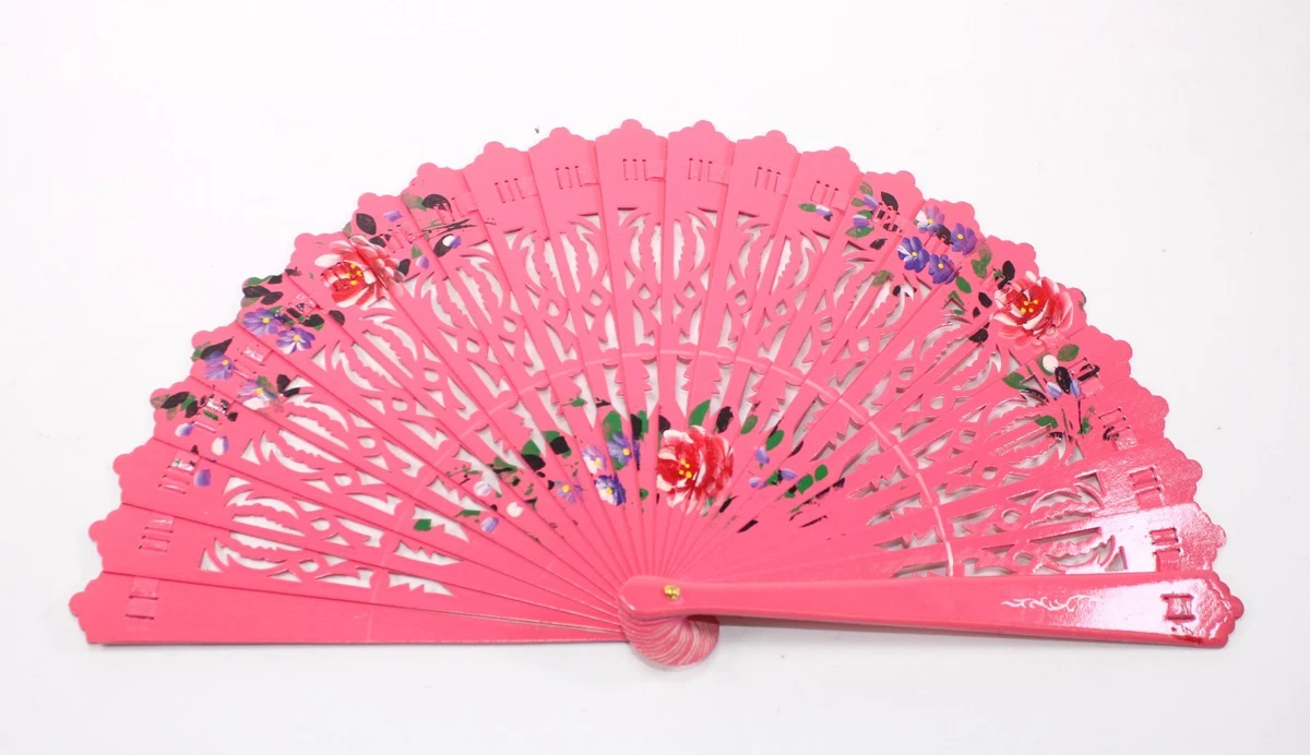 Pink Double Sided Wooden Spanish Floral Print Hand Folding Fan