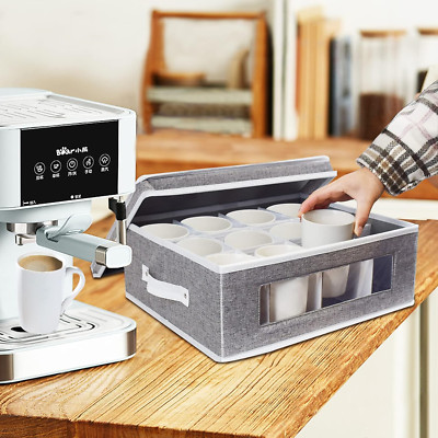 Mug Storage Box Containers Organizer Hard Shell with Dividers for 12 Coffee Mugs