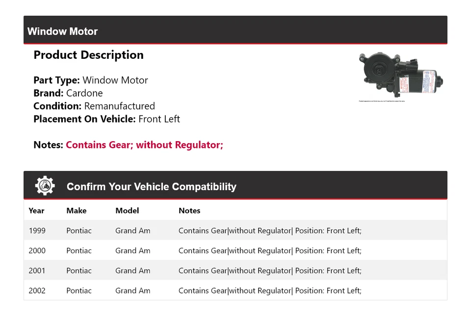 Para Pontiac Grand Am 1999-2002 Motor Ventana Delantero Izquierdo Cardone 2000 2001 Foto 2 de 4