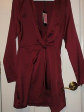 LADIES PRETTY LITTLE THING BURGUNDY SATIN LONG SLEEVE WRAP DRESS SIZE 4