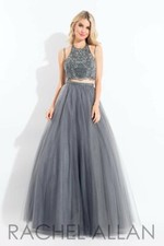 Stunning Rachel Allan 6120 Gunmetal Silver Crop Top Ball Gown Dress sz 2