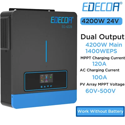 EDECOA Hybrid Wechselrichter 4200W 24V Solar Inverter MPPT 120A PV 60-500V Battery-Free