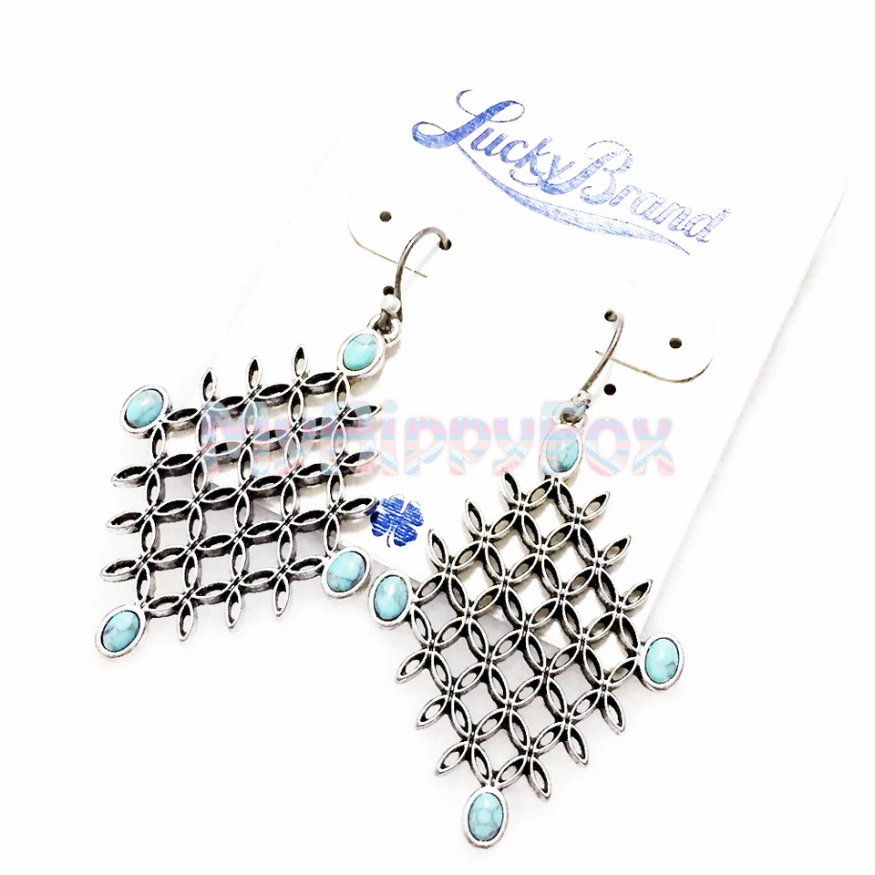 Lucky Brand Antiqued Silver Tone Openwork Turquoise Stone Drop Earrings JLRU9836 - Image 2 of 4