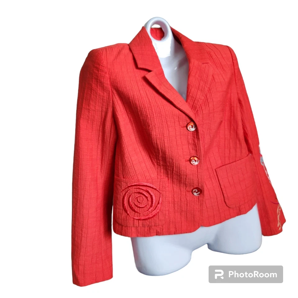 VTG Couture Christian Lacroix Paris Orange Embroidered Single Breasted Blazer 36 - Image 2 of 4