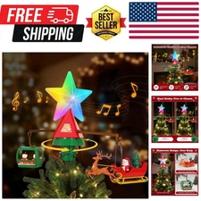 Christmas Tree Topper with Rotating Animated Santa Deer Sled and Snowman Cabl...