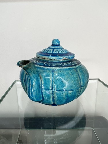 Antique Chinese Shiwan Pottery Tea Pot - Blue Glazed - Picture 2 of 15