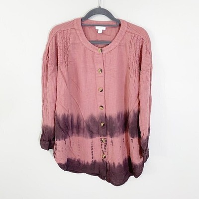 J. Jill Purejill Womens S Petite Pink Ombre Cotton Gauze Pintuck Button Top