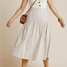 Anthropologie Neutrals Stripe Midi Skirt Button Detail Lined Boho Maxi Ruffle 4