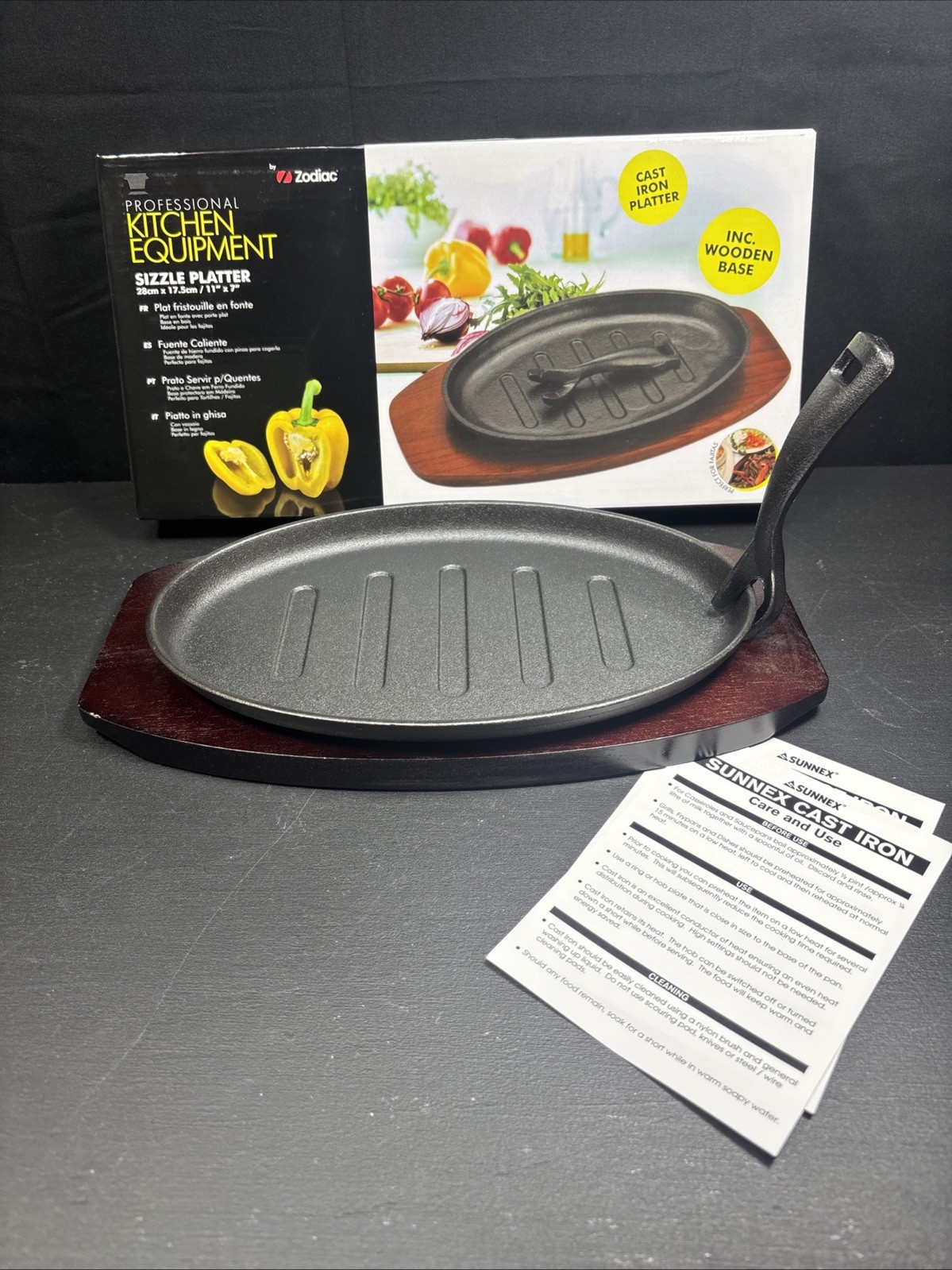 Zodiac Cast iron Sizzle Platter and Wooden Board - New in Box