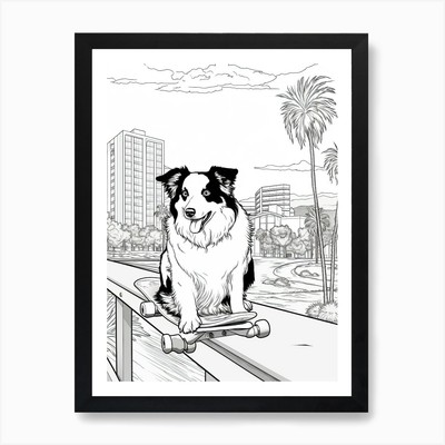 Border Collie Hund Skateboarding Lin gerahmtes Wandbild Poster Leinwanddruck Bild