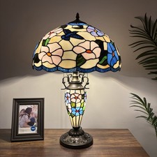Tiffany Style Table Lamp Blue Pink Stained Glass Hummingbird Flowers 16  W 24  H