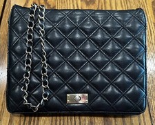 Talbots Lux Black Diamond Quilted Lambskin Flap Crossbody Clutch Chain Strap A+5