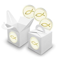 Itenga 24X WüRfelbox Mit Griff Weiß Sticker Fisch Gold Kommunion Konfirmation