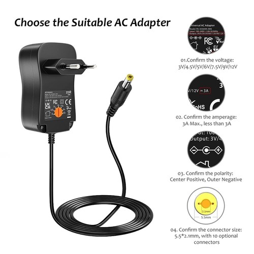 Zolt 36W Adaptateur Secteur Universel AC à DC 3V 4.5V 5V 6V 7.5V 9V 12V 1A 2A... - Photo 5 sur 7