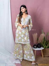 Green Mulmul Cotton Chikankari Kurta Garara Set Lucknow Chikankari Handmade Set