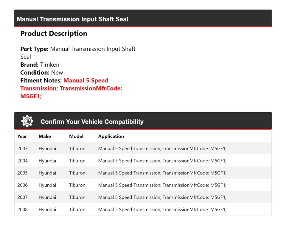 For 2003-2008 Hyundai Tiburon Manual Transmission Input Shaft Seal Timken 2004 - Image 2 of 4