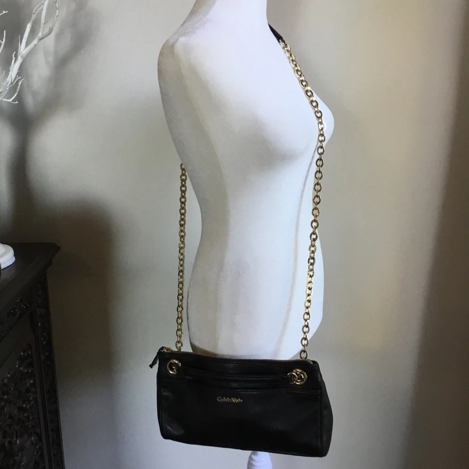 CALVIN KLEIN Bandolera Bolso de Hombro Cartera Cuero Negro Cadena Dorada Foto 2 de 4