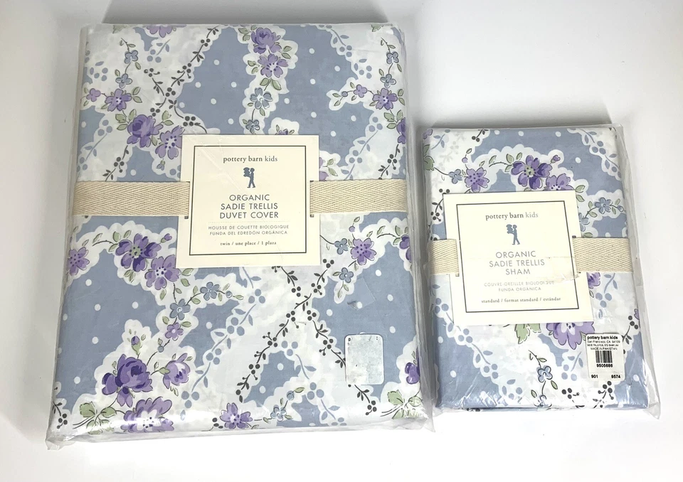 Pottery Barn Kids NEW Sadie Trellis Twin Duvet & Sham 100% Cotton Blue Lavender - Image 4 of 4