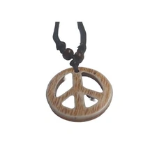 Black Corded Necklace-Faux Wood Peace Pendant