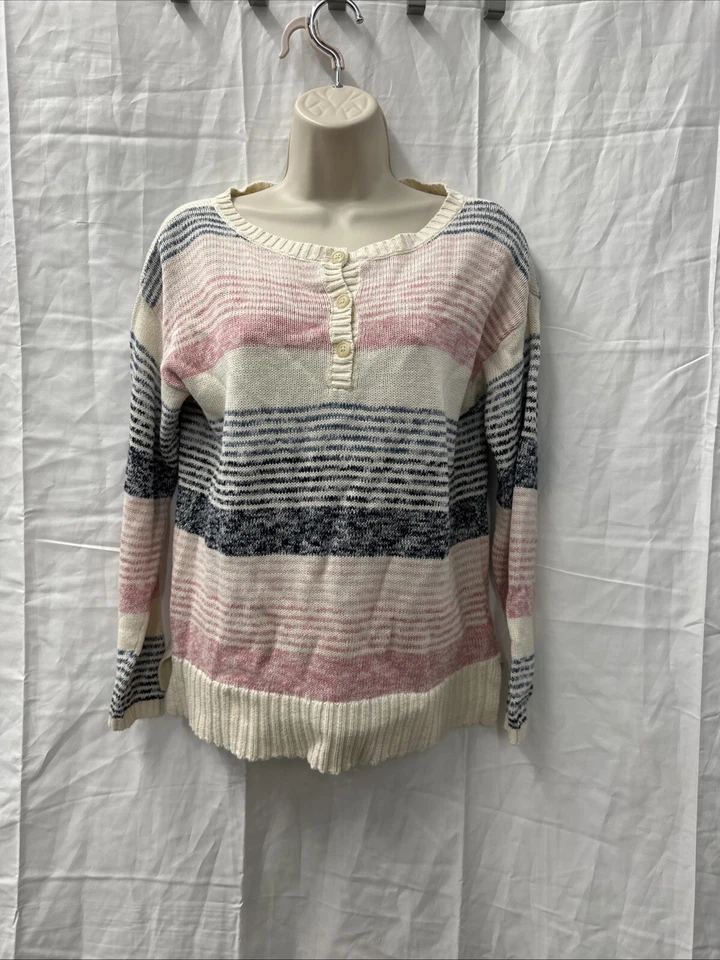 Suéter Henley de Lino Chaps para Mujer Rayas Rosa Azul Crema Pequeño Lino Algodón Foto 2 de 4