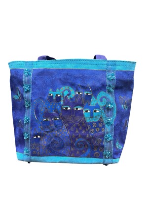 Laura Burch Indigo Cats Hand Painted Small Tote NWT Zipper Close